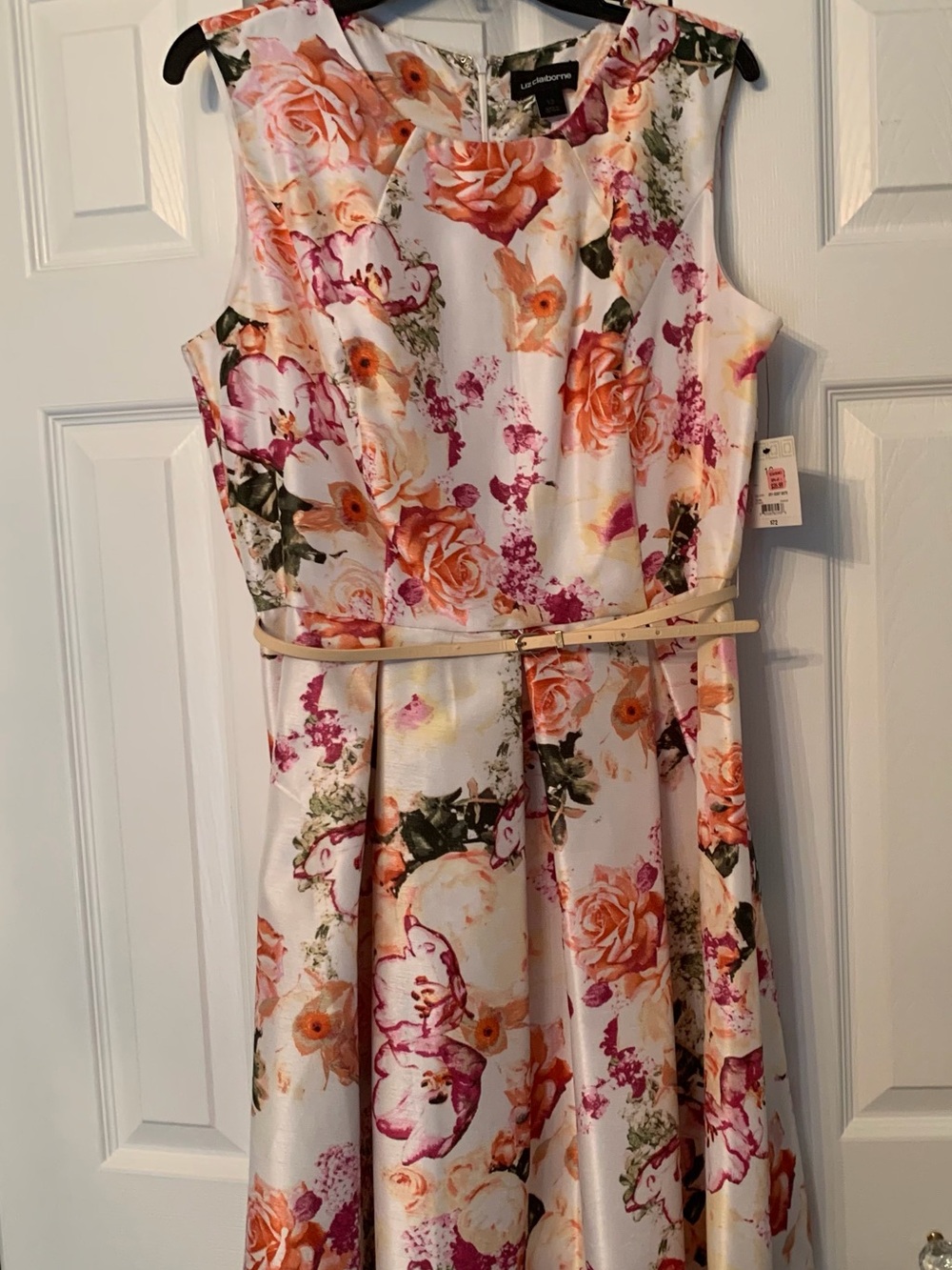 Liz Claiborne White Floral Sleeveless Dress with Beige Belt